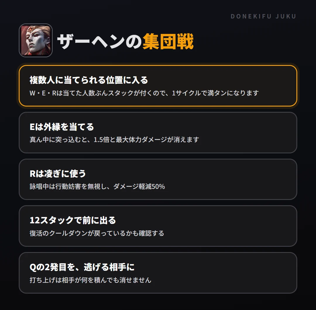 ザーヘンの集団戦の立ち回り。複数人に当てられる位置に入る、Eは外縁を当てる、Rは凌ぎに使う、12スタックで前に出る、Qの2発目を、逃げる相手に