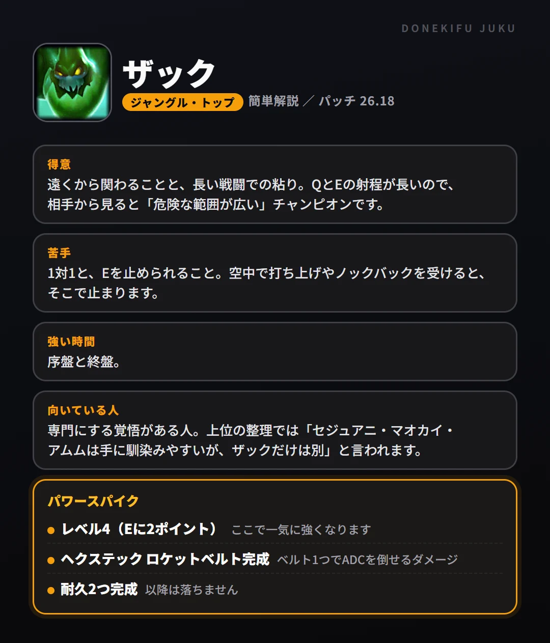ザックはこういうチャンピオン(ジャングル・トップ)。得意なこと・苦手なこと・強い時間帯と、パワースパイク