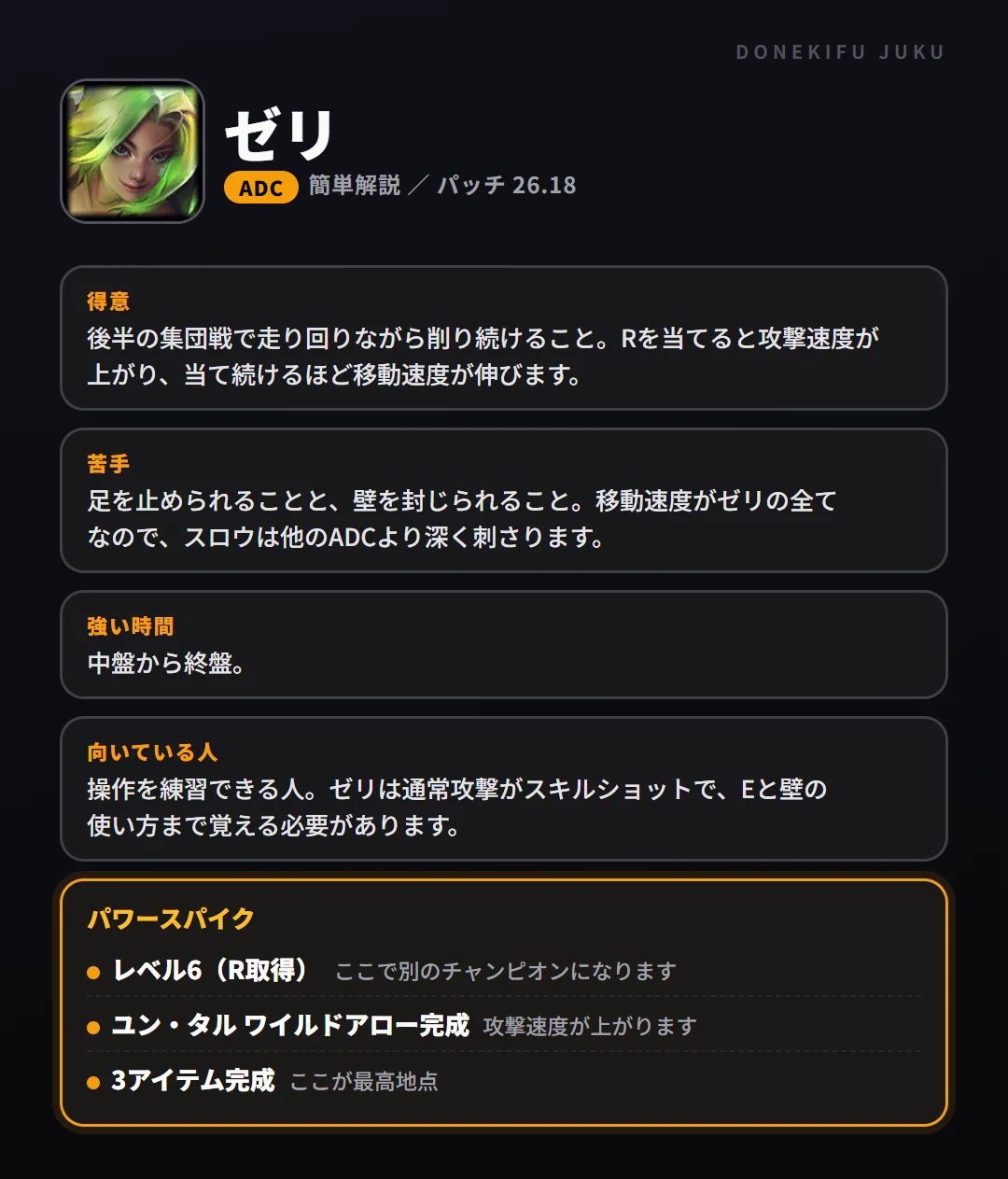 ゼリはこういうチャンピオン(ADC)。得意なこと・苦手なこと・強い時間帯と、パワースパイク