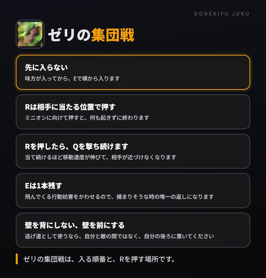 ゼリの集団戦の立ち回り。先に入らない、Rは相手に当たる位置で押す、Rを押したら、Qを撃ち続けます、Eは1本残す、壁を背にしない、壁を前にする