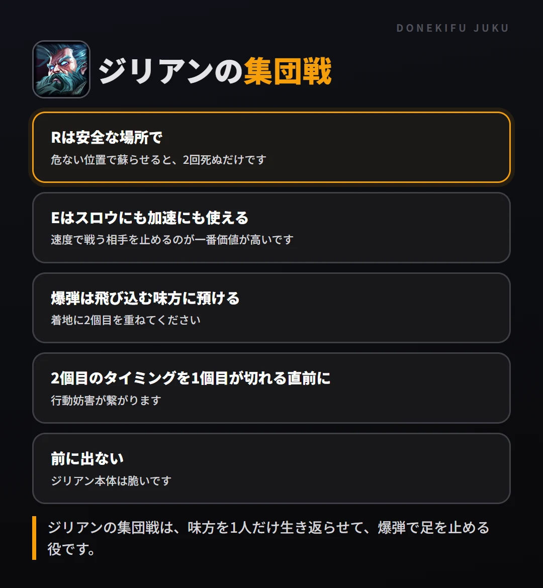ジリアンの集団戦の立ち回り。Rは安全な場所で、Eはスロウにも加速にも使える、爆弾は飛び込む味方に預ける、2個目のタイミングを1個目が切れる直前に、前に出ない