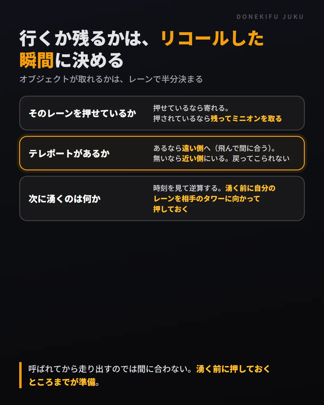 オブジェクトに行くか残るかは、レーンを押せているか・テレポートがあるか・次に湧くのは何かの3つで決める