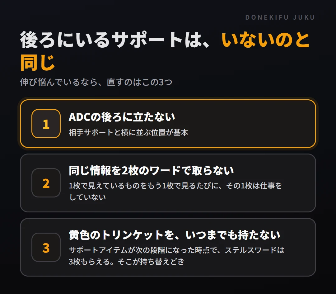 サポートで直す3つ。ADCの後ろに立たない、同じ情報を2枚のワードで取らない、黄色のトリンケットをいつまでも持たない