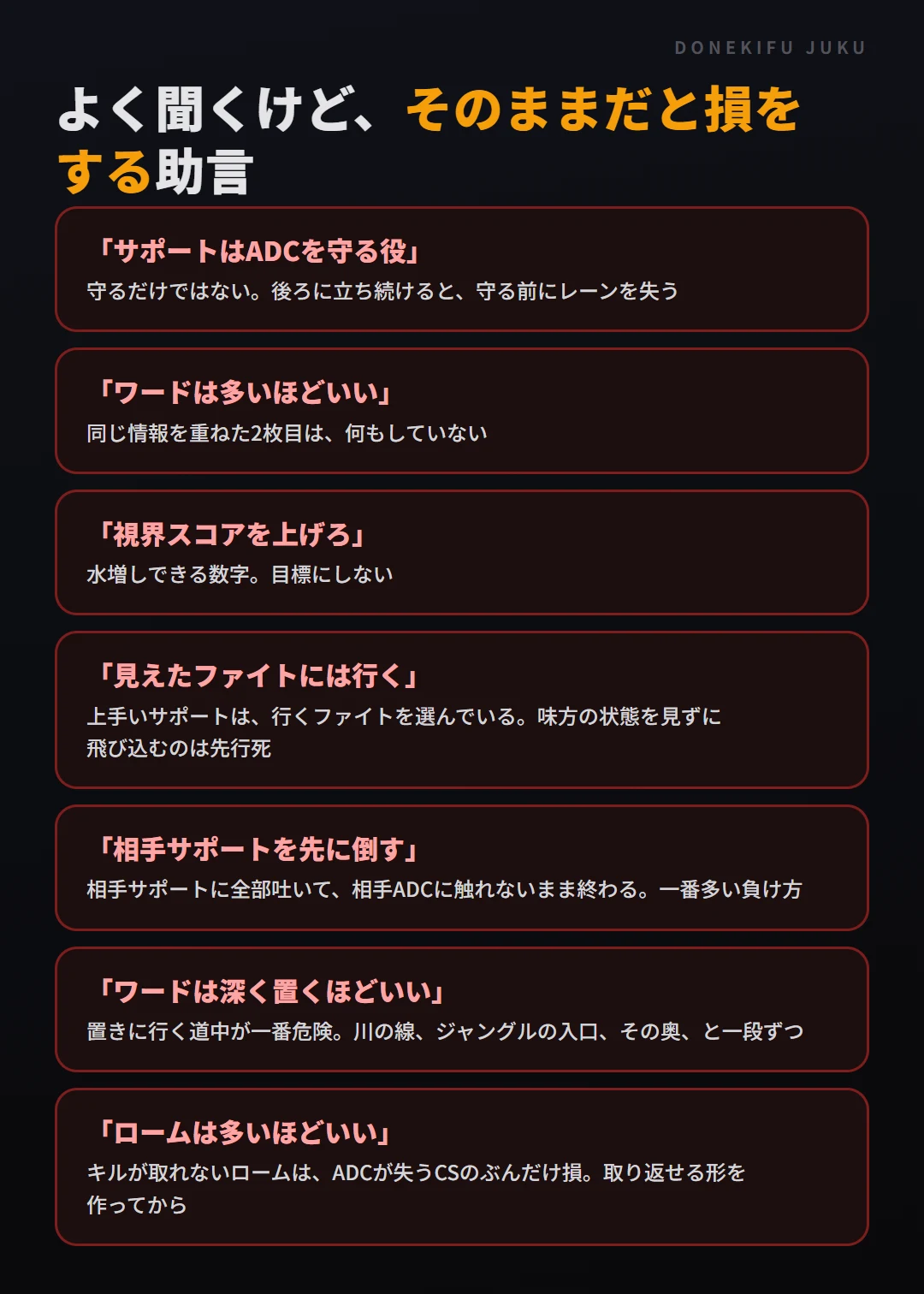 サポートで真に受けなくていい助言7つ。ADCを守る役、ワードは多いほどいい、視界スコアを上げろ、見えたファイトには行く、相手サポートを先に倒す、ワードは深く置くほどいい、ロームは多いほどいい