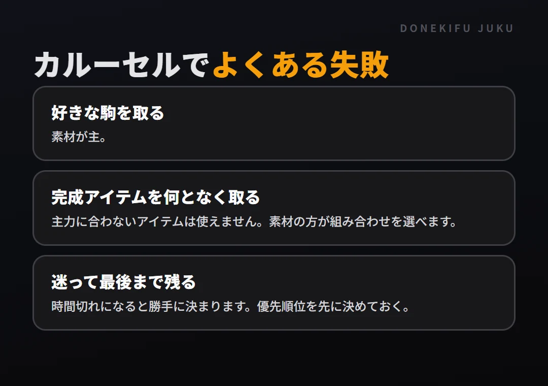カルーセルの選び方: よくある失敗。好きな駒を取る、完成アイテムを何となく取る、迷って最後まで残る