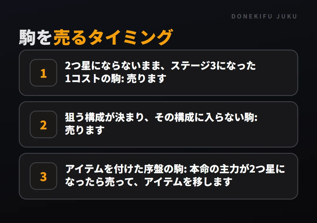 序盤の盤面の作り方: 駒を売るタイミング。2つ星にならないまま、ステージ3になった1コストの駒: 売ります、狙う構成が決まり、その構成に入らない駒: 売ります、アイテムを付けた序盤の駒: 本命の主力が2つ星になったら売って、アイテムを移します