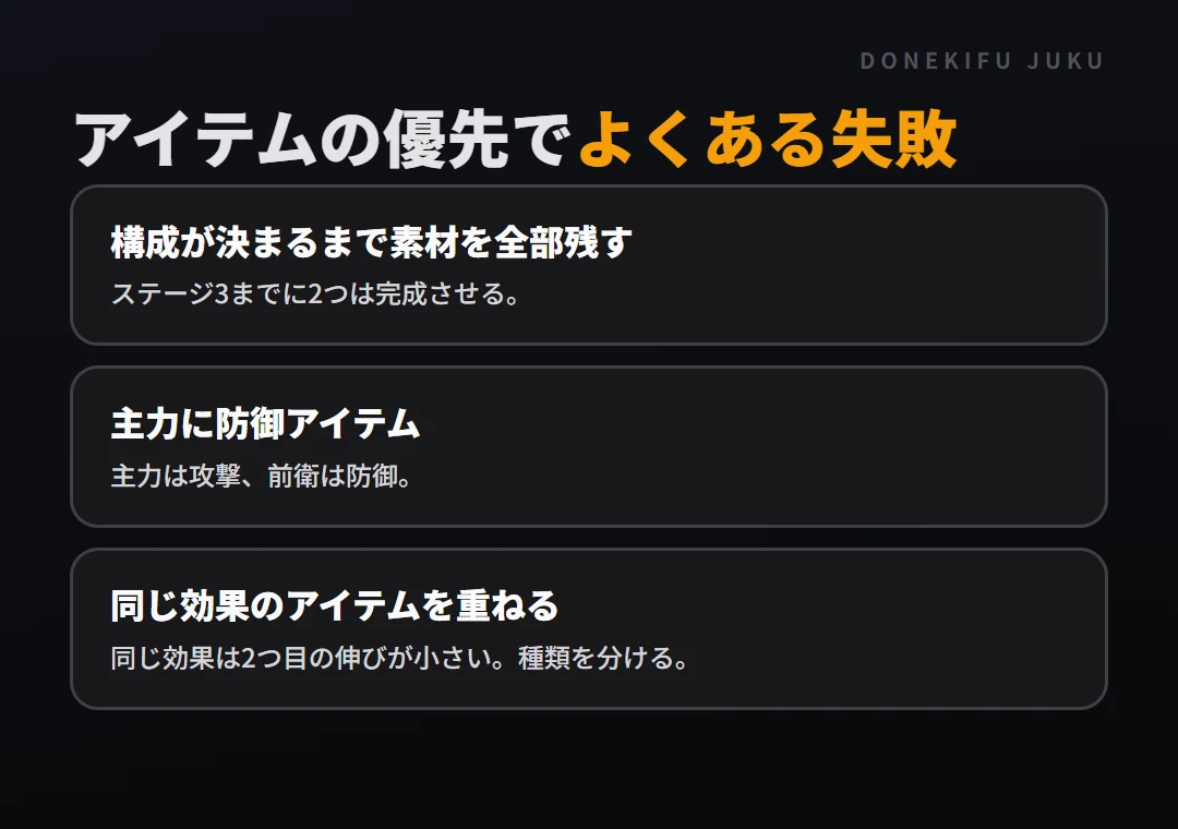 汎用アイテムと優先順位: よくある失敗。構成が決まるまで素材を全部残す、主力に防御アイテム、同じ効果のアイテムを重ねる
