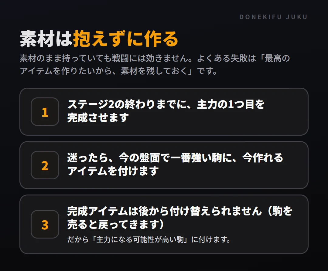 アイテムの作り方と持たせ方: 抱えたままにしない。ステージ2の終わりまでに、主力の1つ目を完成させます、迷ったら、今の盤面で一番強い駒に、今作れるアイテムを付けます、完成アイテムは後から付け替えられません（駒を売ると戻ってきます）