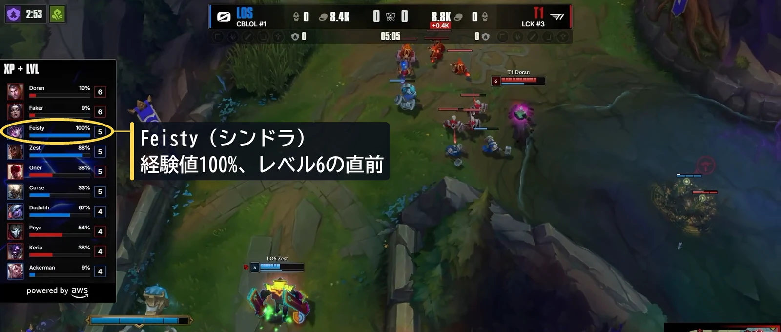 5分05秒。シンドラは経験値100%で、レベル6の直前