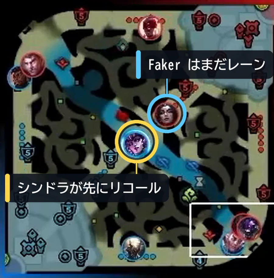 5分14秒。シンドラが先にリコール。Faker はまだレーンにいる