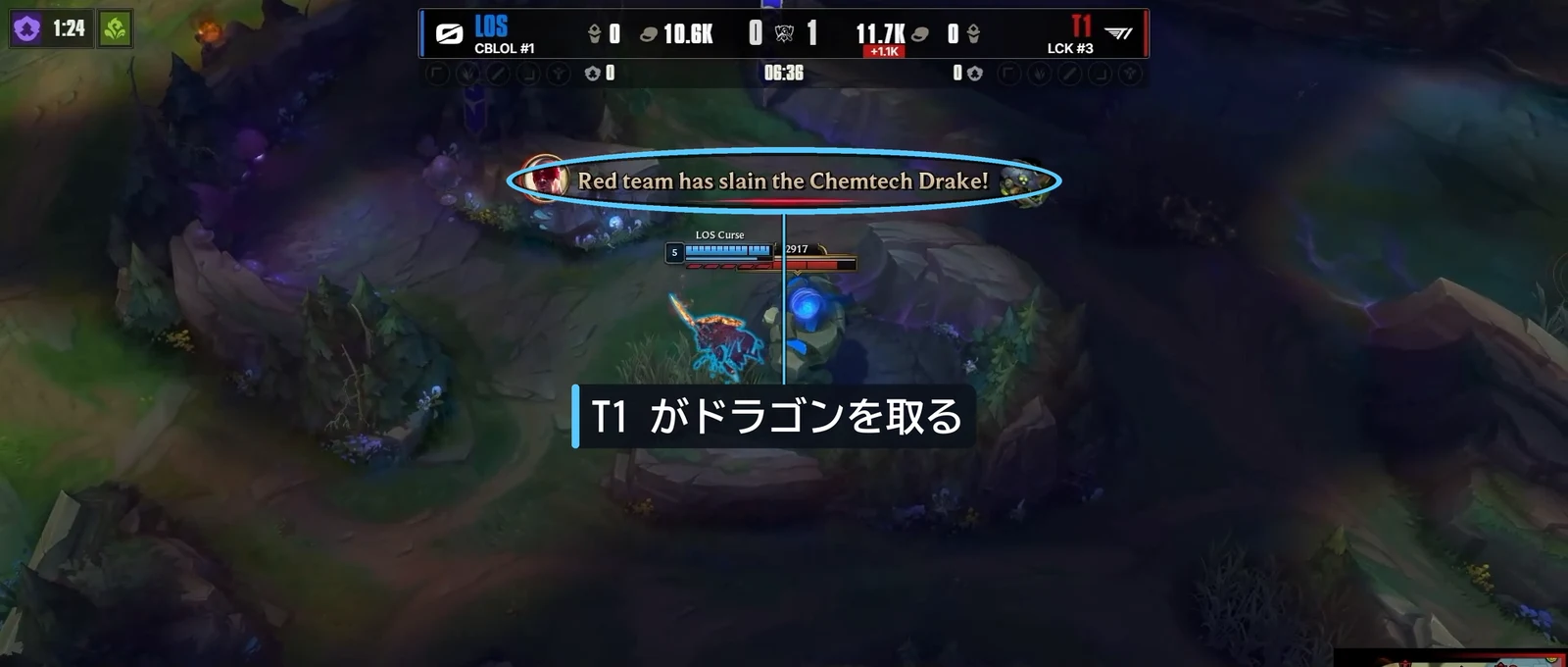 6分36秒。T1 がドラゴンを取る
