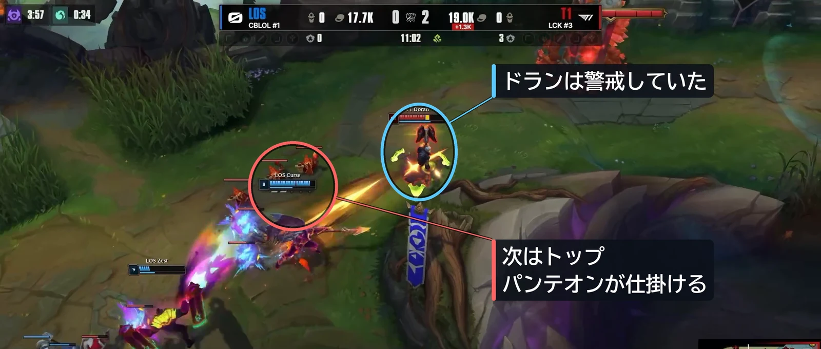 11分02秒。次はトップでパンテオンが仕掛ける。ドランは警戒していた