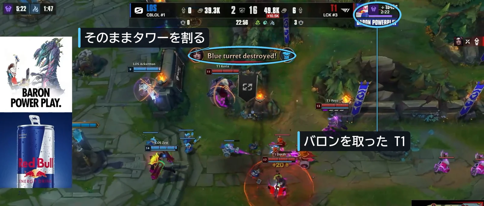 22分56秒。バロンを取った T1 が、そのままタワーを割る