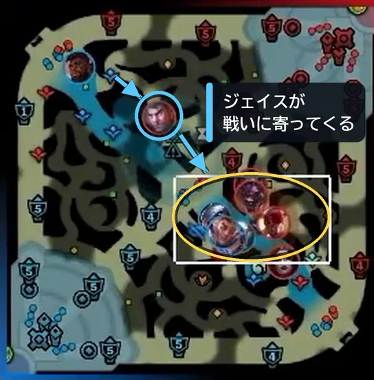 13分02秒(ミニマップ)。トップのジェイスが、ドラゴン前の戦いに寄ってきている